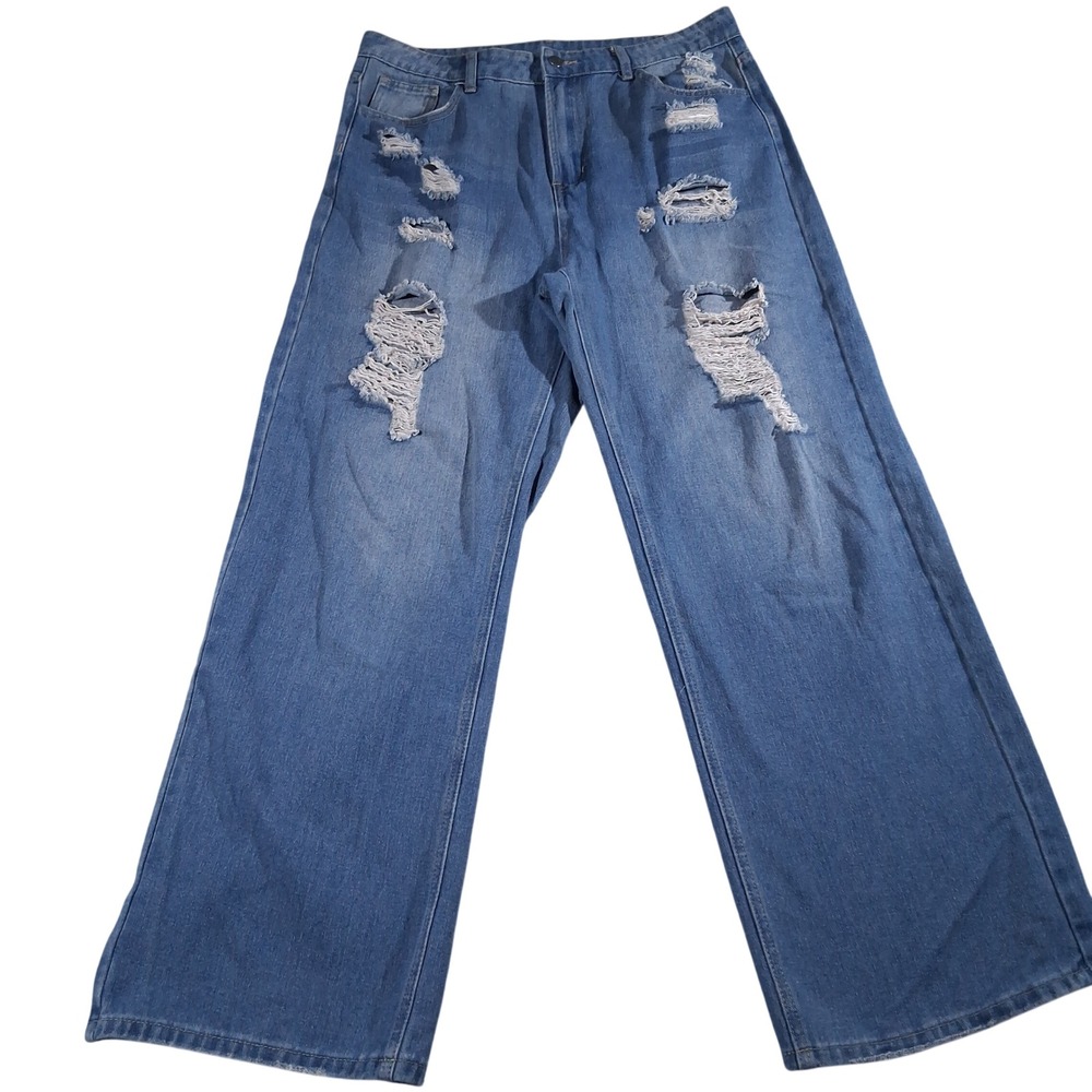 Cider Happy Hour Distressed Wide Leg Jeans Blue Denim Ripped High Rise Womens XL